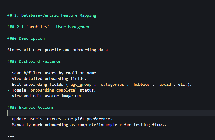 Example database feature section
